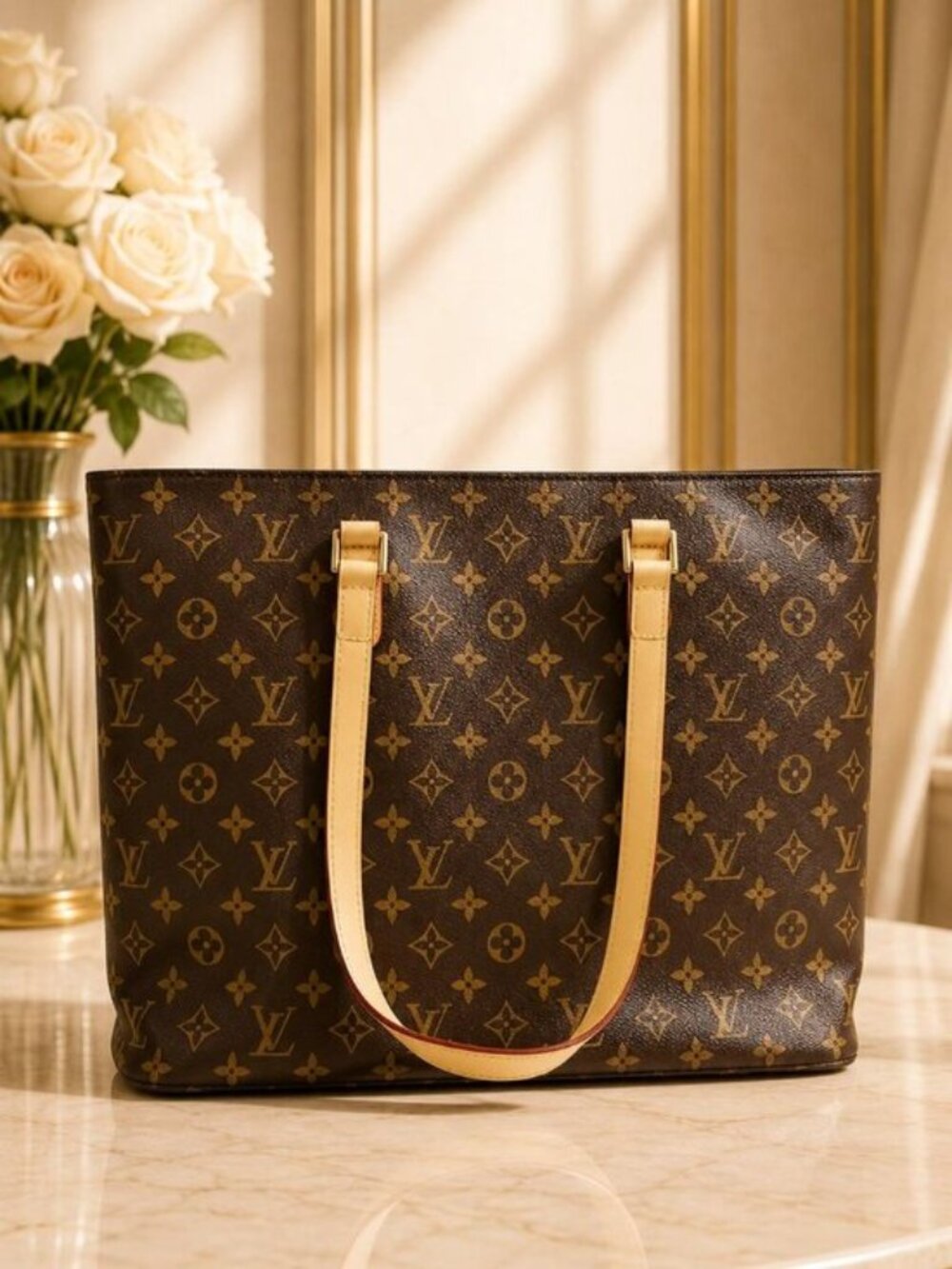 Authentic Louis Vuitton Cabas Piano Monogram Canvas Tote Shoulder Bag
